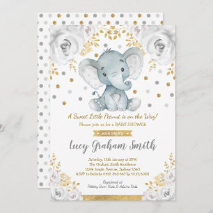 Neutralt Elephant Baby Shower Guld Grått Blommigt Inbjudningar