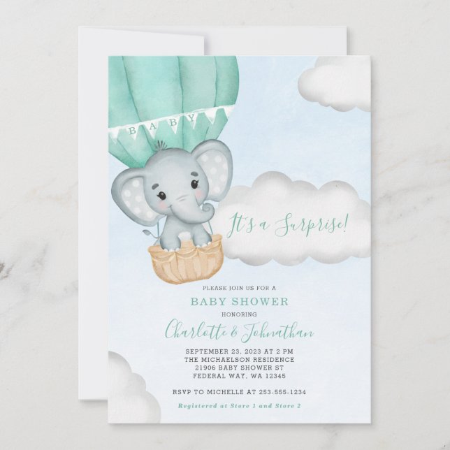 Neutralt Elephant Mint Grönt Baby Shower Inbjudningar (Framsida)