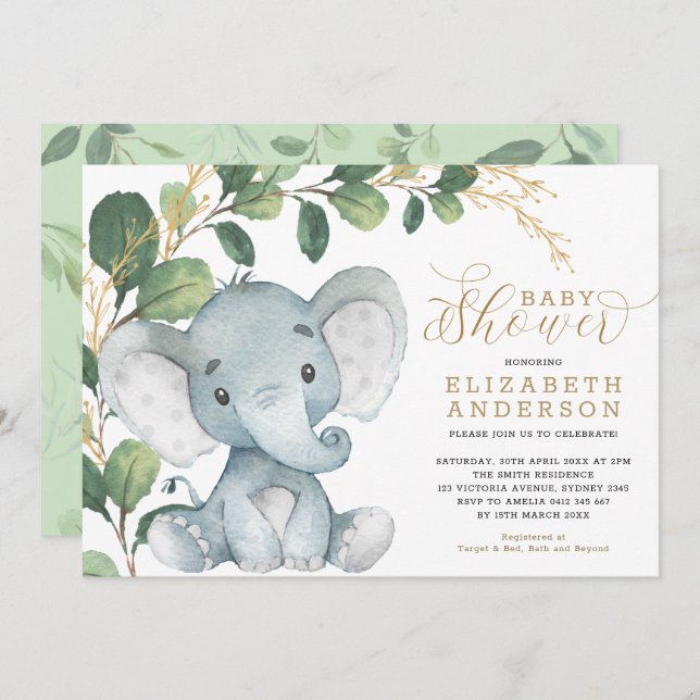 Neutralt Elephant Soft Greenery Guld Baby Shower Inbjudningar (Fram/baksida)