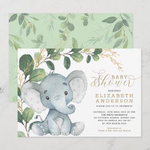 Neutralt Elephant Soft Greenery Guld Baby Shower Inbjudningar