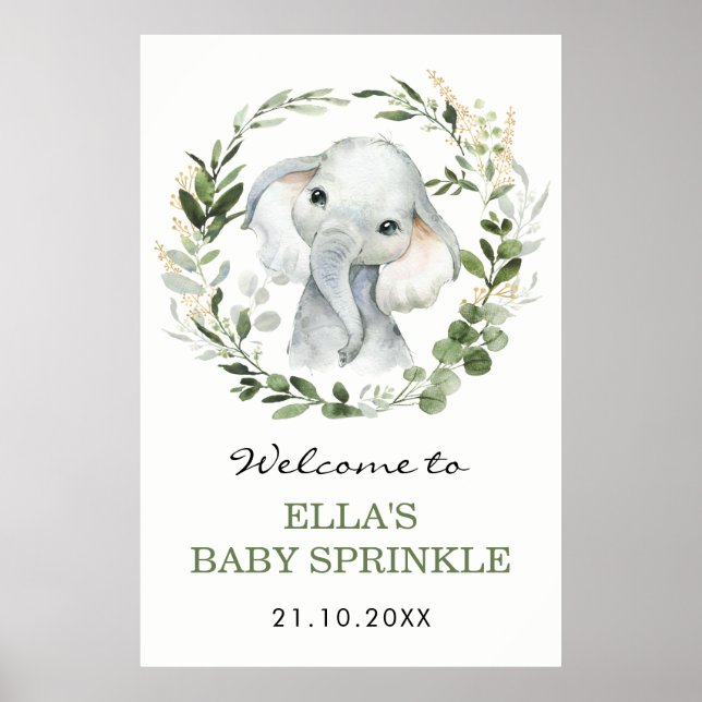 Neutralt Eucalyptus Greenery Elephant Baby Sprinkl Poster (Framsidan)