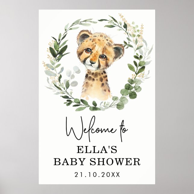 Neutralt Eucalyptus Greenery Leopard Baby Shower Poster (Framsidan)