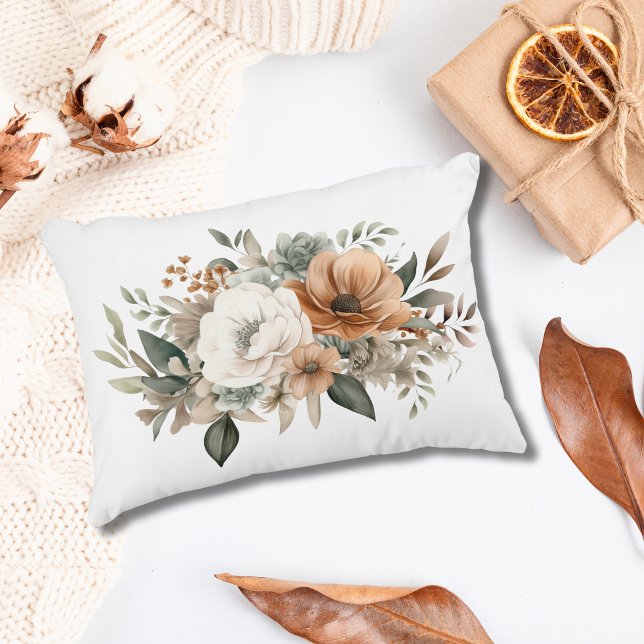Neutralt Färg White Beige Blue Greenery Blommigt Prydnadskudde (Neutral Colors Watercolor Floral Flowers Beige Cream Brown Blue Greenery Accent Pillow)