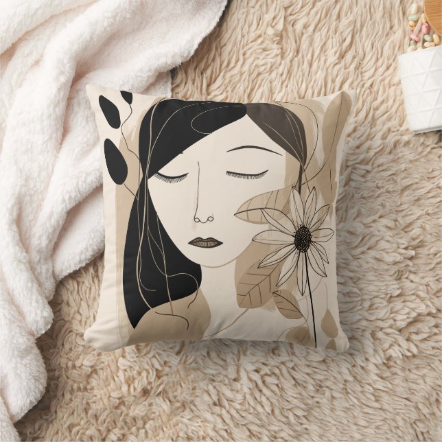 Neutralt Färg Woman med Flower Boho Kudde (Filt)
