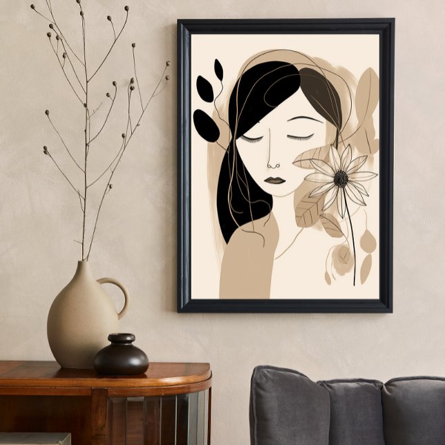 Neutralt Färg Woman med Flower Boho Poster (Skapare uppladdad)
