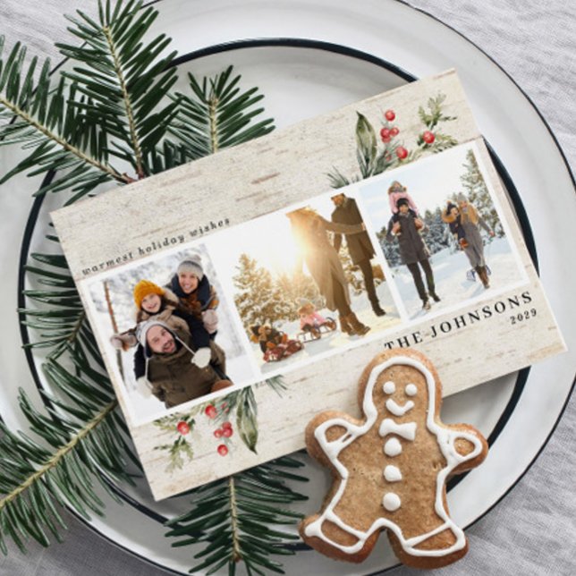 Neutralt Farmhouse Greenery Birch Photo Collage Julkort (Skapare uppladdad)