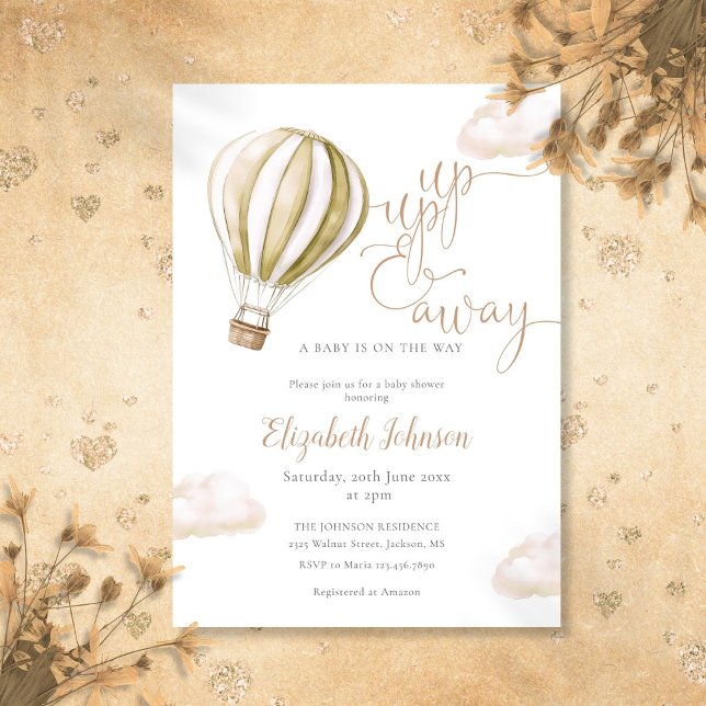 Neutralt för babykläder på upp och bort från Luftb Inbjudningar (Up And Away Hot Air Balloon Neutral Baby Shower Invitation)