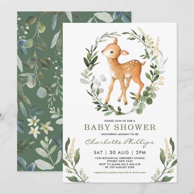 Neutralt för enkel Grey Woodland Hjort Baby Shower Inbjudningar (Fram/baksida)