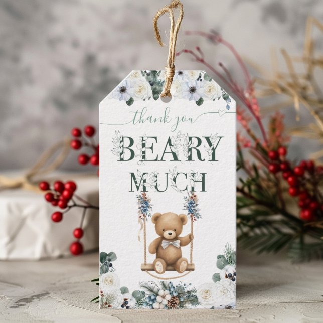 Neutralt för nalle Blommigt Sage Grönt  Tack Presentetikett (Skapare uppladdad)