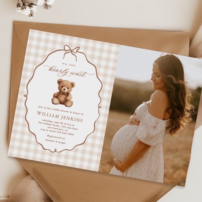 Neutralt Gingham Nalle Baby Shower Photo Inbjudningar (Skapare uppladdad)