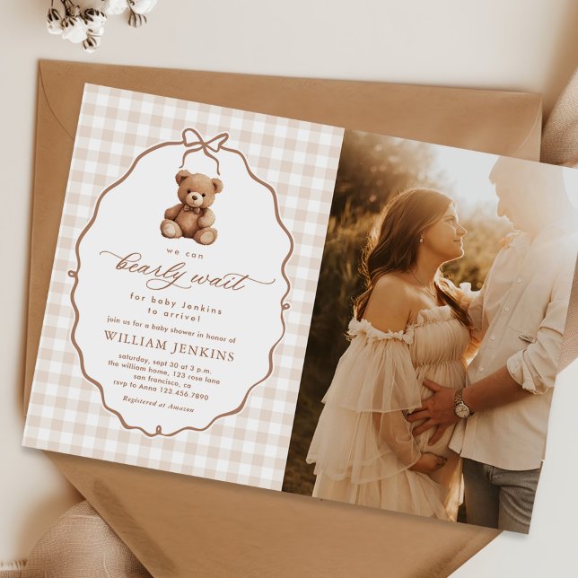 Neutralt Gingham Nalle Baby Shower Photo Inbjudningar (Skapare uppladdad)