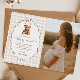 Neutralt Gingham Nalle Baby Shower Photo Tack Kort