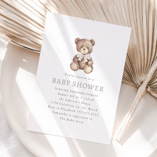 Neutralt Gingham Simple Nalle Baby Shower Inbjudningar
