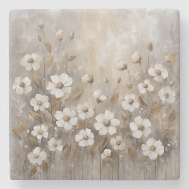 Neutralt Grått Guld Taupe-Blommigt Stenunderlägg (Framsidan)