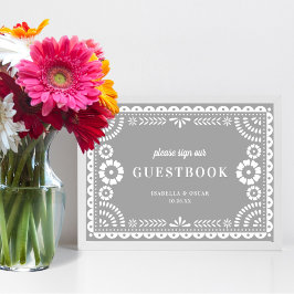 Neutralt Grått Papel Picado Bröllop Guestbook-teck Poster