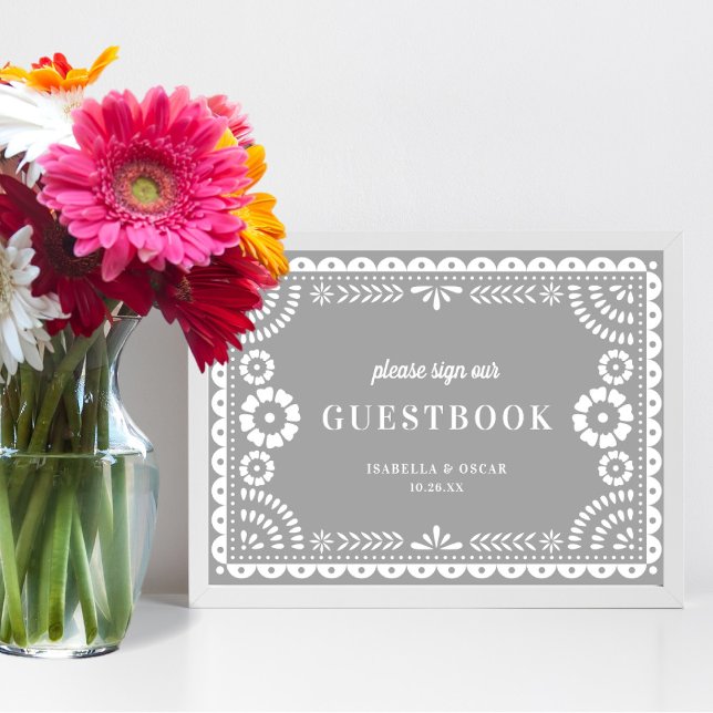 Neutralt Grått Papel Picado Bröllop Guestbook-teck Poster (Skapare uppladdad)