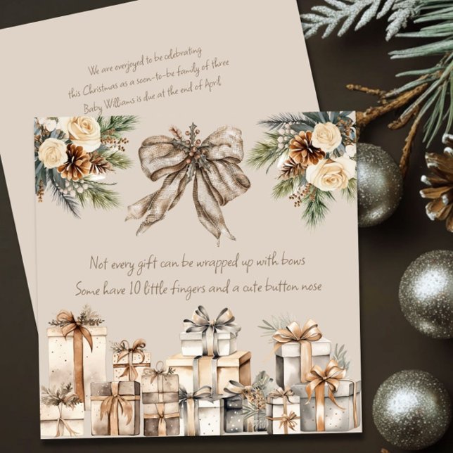 Neutralt Gravid Dikt Brown Bow Julkort (Cute Poem Rustic Christmas Card Pregnancy Announcement by Darling & May)