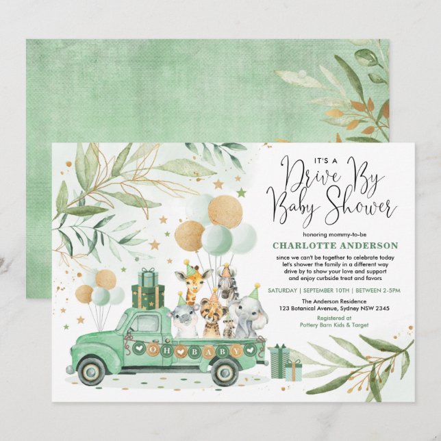 Neutralt Grey Guld Safari Drive by Baby Shower Inbjudningar (Fram/baksida)