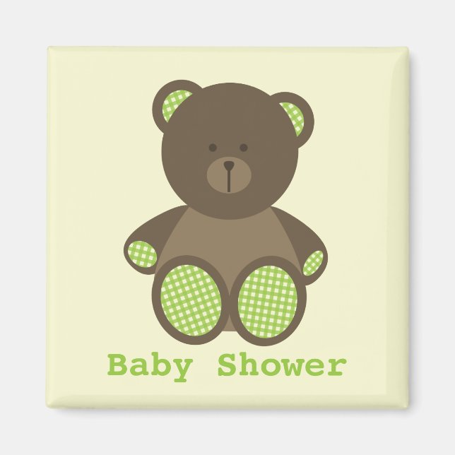 Neutralt Grönt Baby Shower Favor Gingham Bear Magnet (Framsidan)