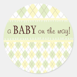 Neutralt Grönt Gult Argyle Baby Shower-etikett Runt Klistermärke
