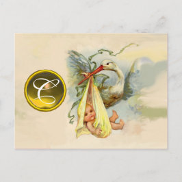 NEUTRALT GULT STORK BABY SHOWER GEMSTONE MONOGRAM INBJUDAN VYKORT