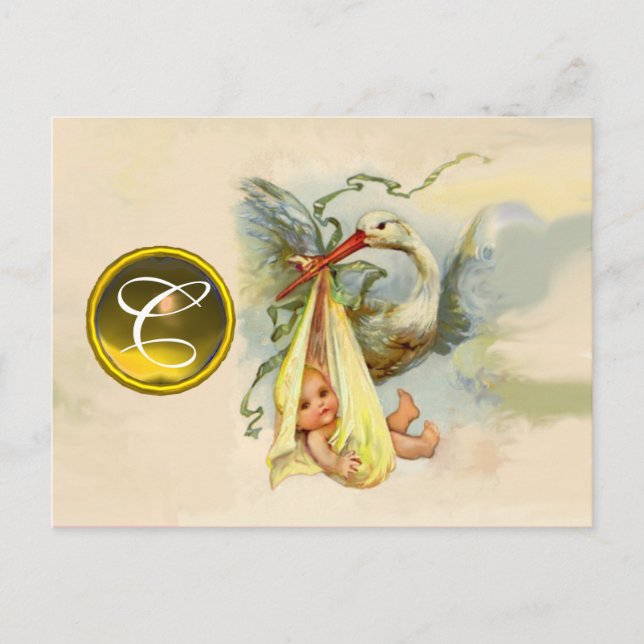 NEUTRALT GULT STORK BABY SHOWER GEMSTONE MONOGRAM INBJUDAN VYKORT (Framsida)