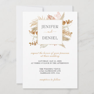 Neutralt Handflatan och Pampas Flower Decor Bröllo Inbjudningar
