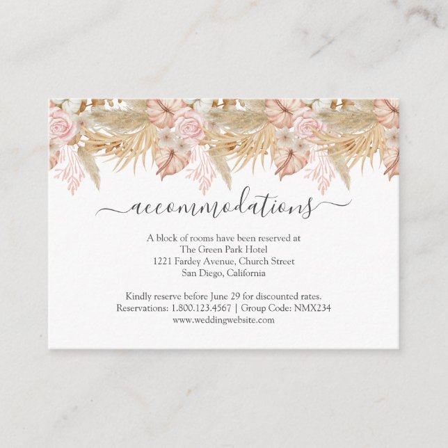 Neutralt Handflatan och Pampas Flower Decor Bröllo Tilläggskort (Framsida)