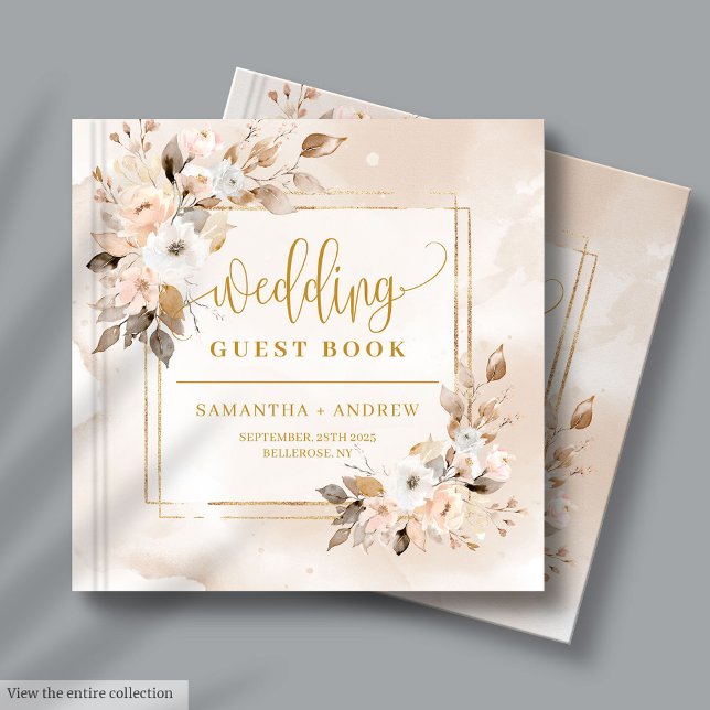 Neutralt Hösten Boho Blommigt Guld Bröllop Guest B Gästböcker (Neutral Autumn Boho Floral Gold Wedding Guest Book)