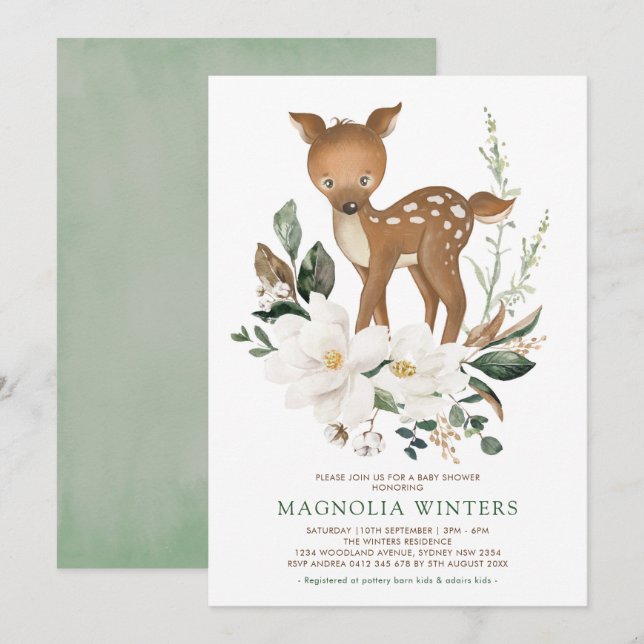 Neutralt Ivory Greenery Forest Hjort Baby Shower Inbjudningar (Fram/baksida)
