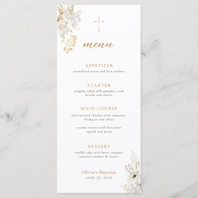 Neutralt Ivory Guld Wildblomma Baptism Menu Meny (Framsida)