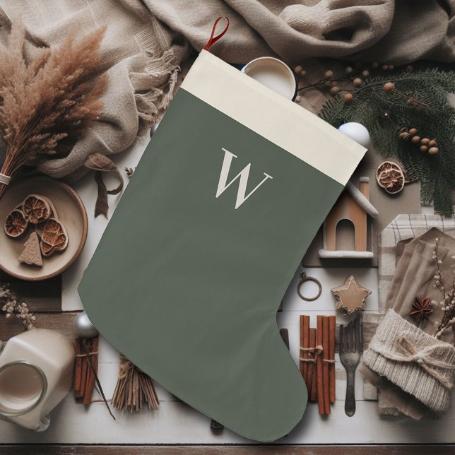 Neutralt Julhus Moss Grönt Monogram Stor Julstrumpa (farmhouse christmas stocking personalized moss green monogram)