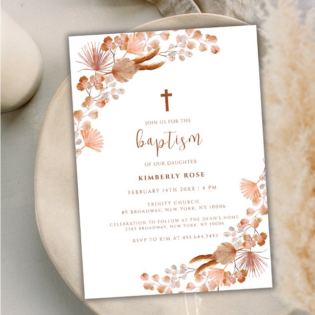 Neutralt Little WildblommBoho Kor Baptism Inbjudningar (Neutral Little Wildflower Boho Cross Baptism Invitation)