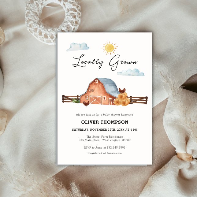 Neutralt Lokalt odlad babystövel för gårdsuppfödni Inbjudningar (Neutral Locally Grown Farm Barn Baby Shower Invitation)