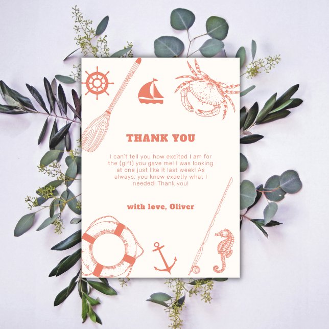 Neutralt Minimal Nautical FishBoy Shower Tack Kort (Neutral Minimal Nautical Fishing Boy Baby Shower Thank You Card)