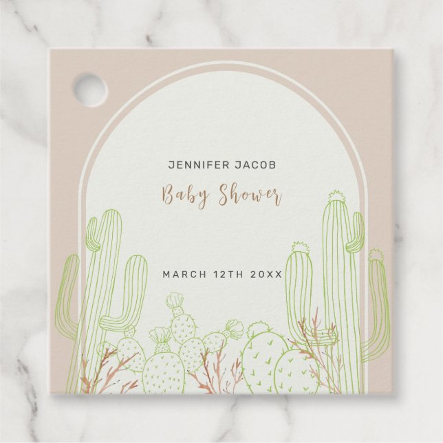Neutralt Minimalist Boho Cactus Arch Baby Shower Gåvor Etiketter (Framsida)