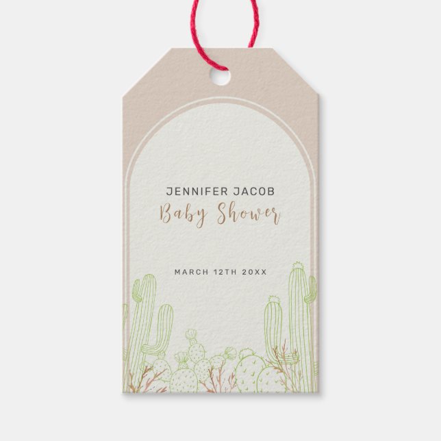 Neutralt Minimalist Boho Cactus Arch Baby Shower Presentetikett (Framsidan)