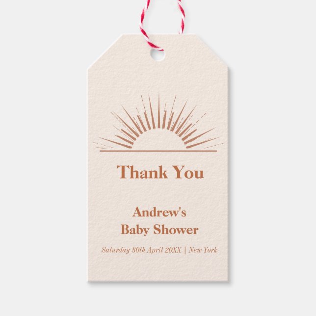 Neutralt Minimalist Boho Sunshine Baby Shower Presentetikett (Framsidan)