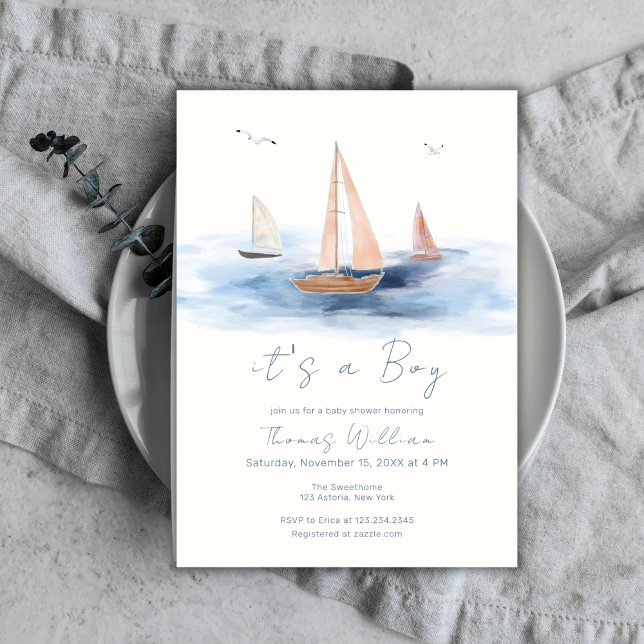 Neutralt Minimalist Nautical Sailboat-babyskor Inbjudningar (Neutral Minimalist Nautical Sailboat Baby Shower Invitation)