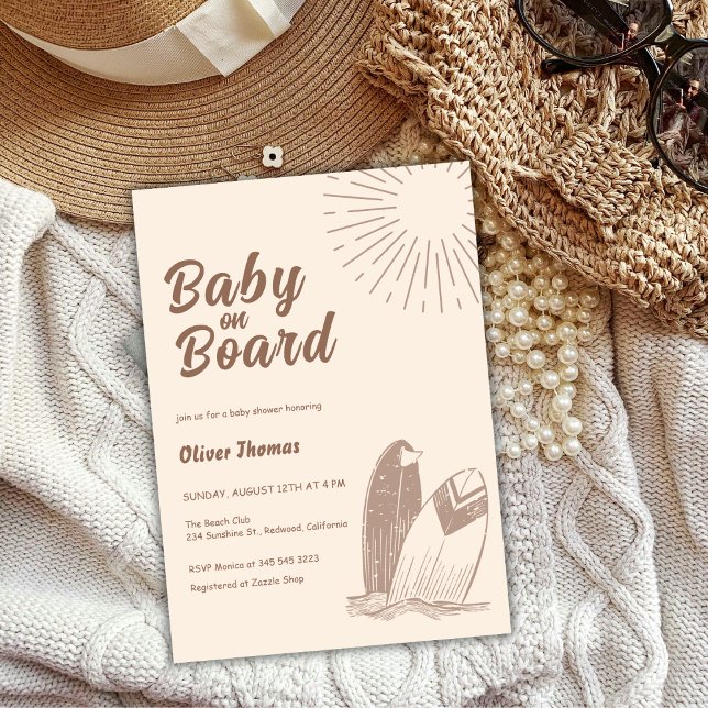 Neutralt Minimalistisk babystövel för Boho Surfboa Inbjudningar (Neutral Minimalist Boho Surfboard Baby Shower Invitation)