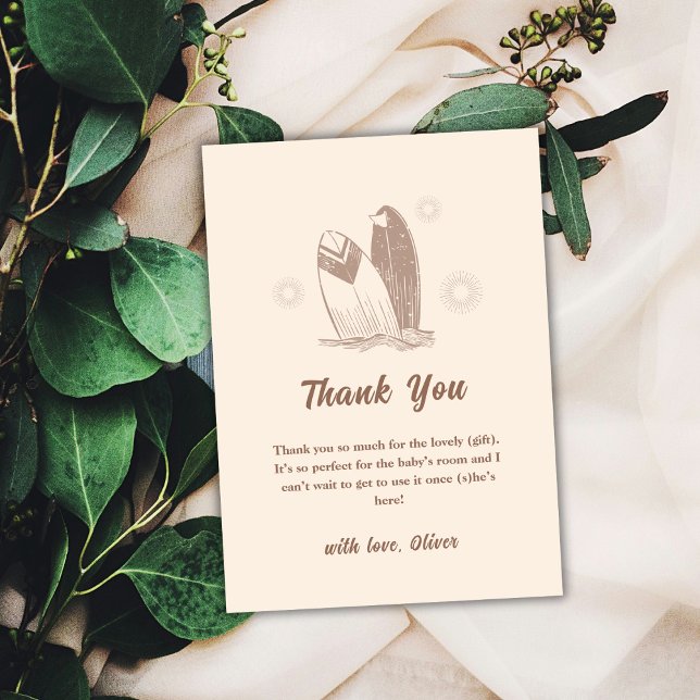 Neutralt Minimalistisk babystövel för Boho Surfboa Tack Kort (Neutral Minimalist Boho Surfboard Baby Shower Thank You Card)
