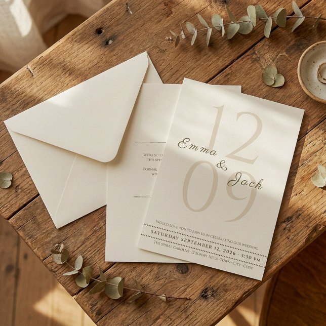 Neutralt Minimalistisk skript Namn & Big Date bröl Inbjudningar (Neutral Minimalist Script Names & Big Date wedding Invitation.)