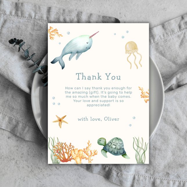 Neutralt minimalt under Sea Whale Baby Shower Tack Kort (Neutral Minimal Under The Sea Whale Baby Shower Thank You Card)
