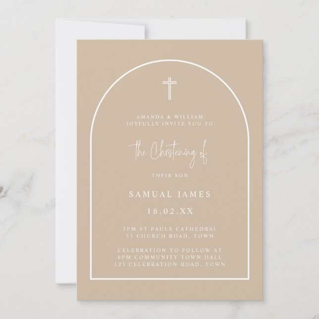 Neutralt Modern Arch Script Minimalist Christening Inbjudningar (Framsida)