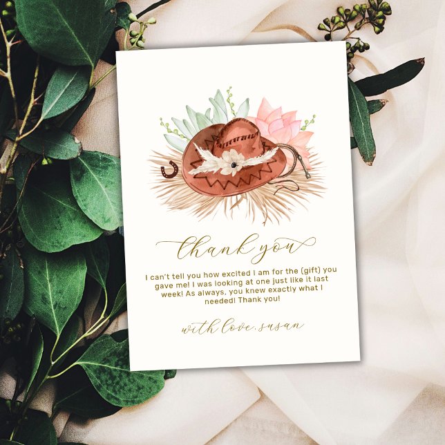 Neutralt Modern Boho Cactus Cowboy Hat Baby Shower Tack Kort (Neutral Modern Boho Cactus Cowboy Hat Baby Shower Thank You Card)