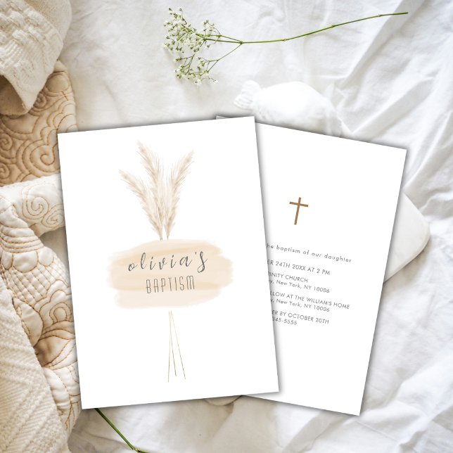 Neutralt Modern Boho Pampas Christening Baptism Inbjudningar (Neutral Modern Boho Pampas Christening Baptism Invitation)