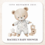 Neutralt Nalle Baby Shower Underlägg<br><div class="desc">Lägg till lite charm och praktisk skicklighet till barnduschen med de här personlig underläggen, med en vacker nalle i pyjamas omgiven av leksak block och stjärnor. Med ett datum för anpassadet och namn är dessa underlägg på neutralt perfekten för att skydda yta samtidigt som du förbättrar gender-neutralt eller minimalistiskt party...</div>