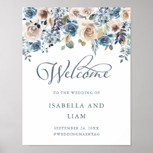 Neutralt och blå Blommigt Bröllop Välkommen Poster