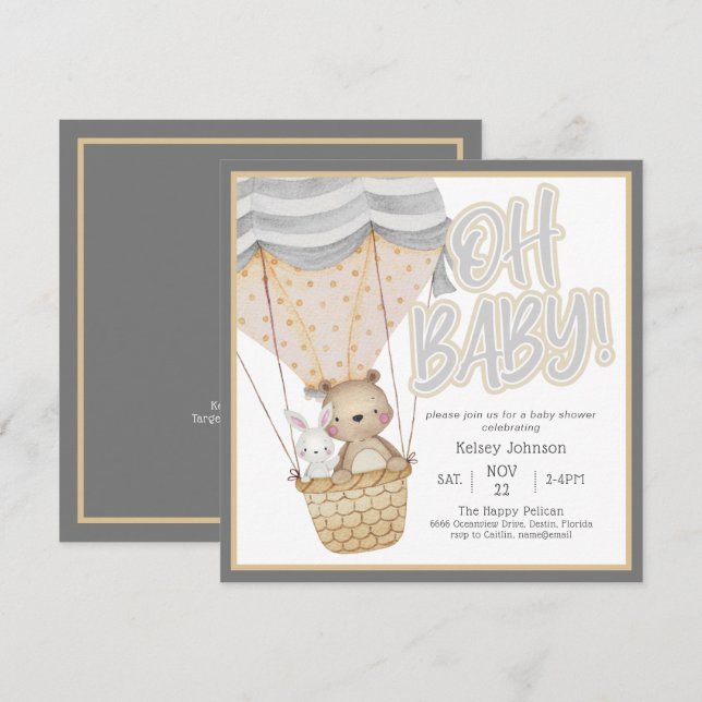 Neutralt Oh Baby Woodland Animals Baby Shower Inbjudningar (Fram/baksida)