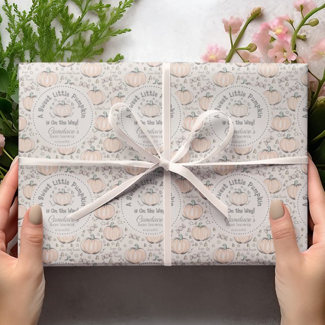 Neutralt Orange & Cream Little Pumpkin Baby Shower Presentpapper (Gender Neutral Orange & Cream Sweet Little Pumpkin Halloween & Fall Baby Shower Wrapping Paper.  )